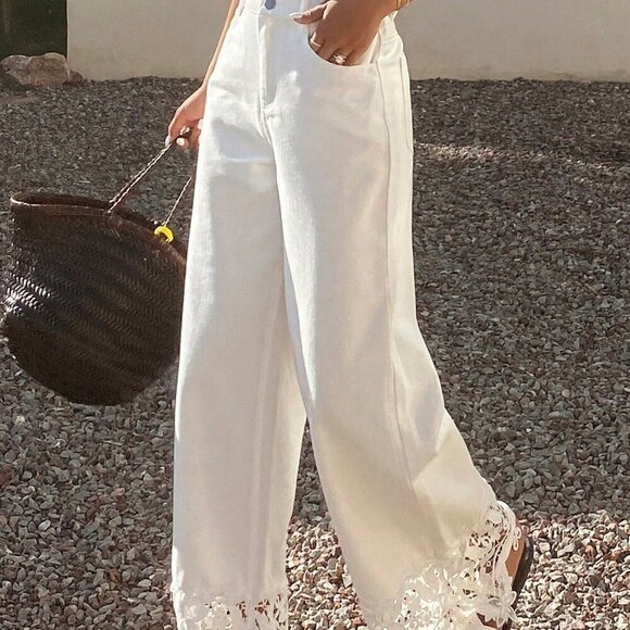 White Casual Women's Lace Patchwork Elegant Wide-Leg denim Jeans - Picture 5 of 7